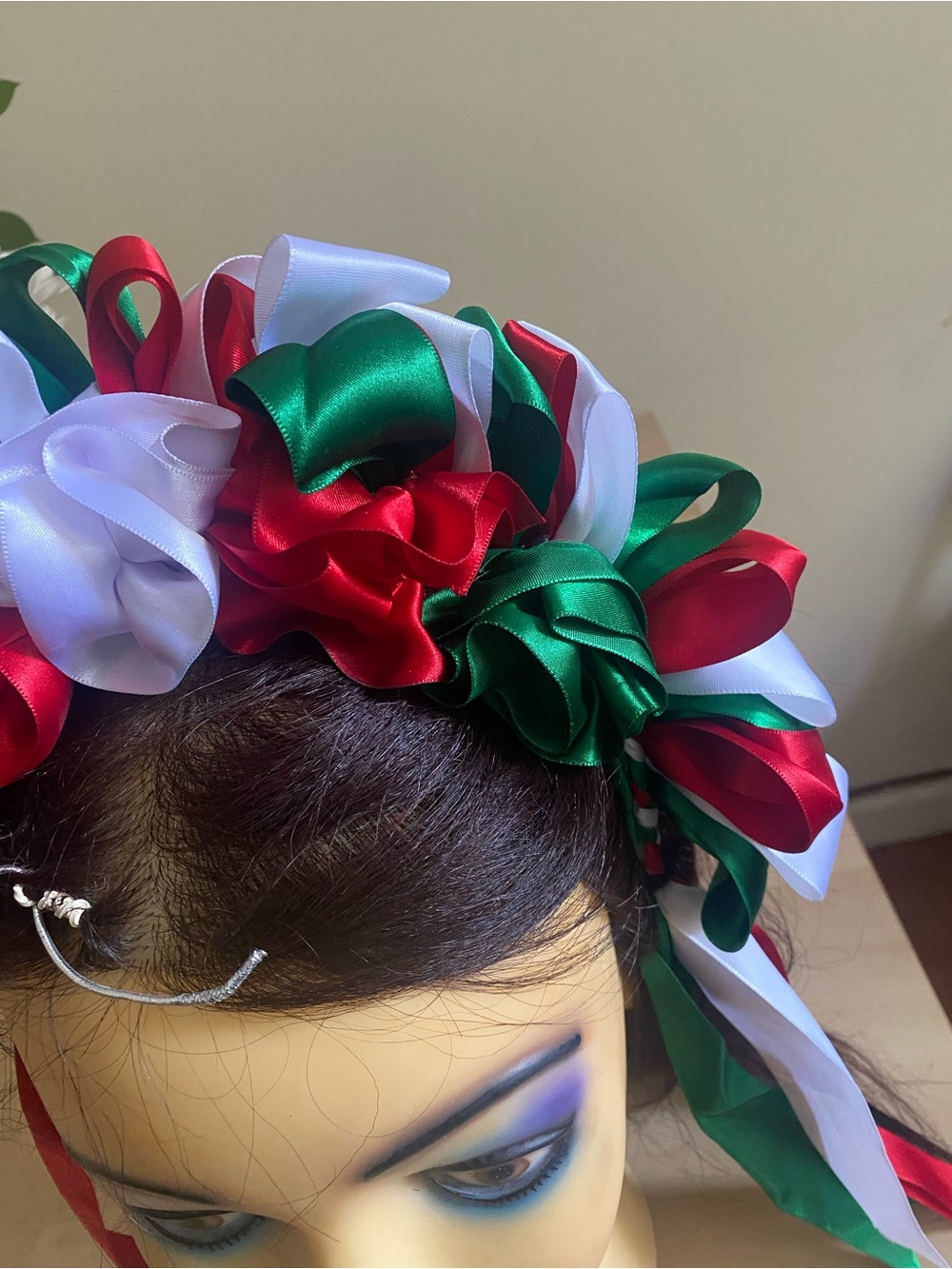 Mexican Handmade Ribbon Floral Headband in Red, Green & White - Picture 5 of 6